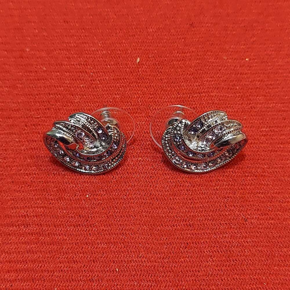 Silver Tone with Purple Rhinestones Curvy Earrings